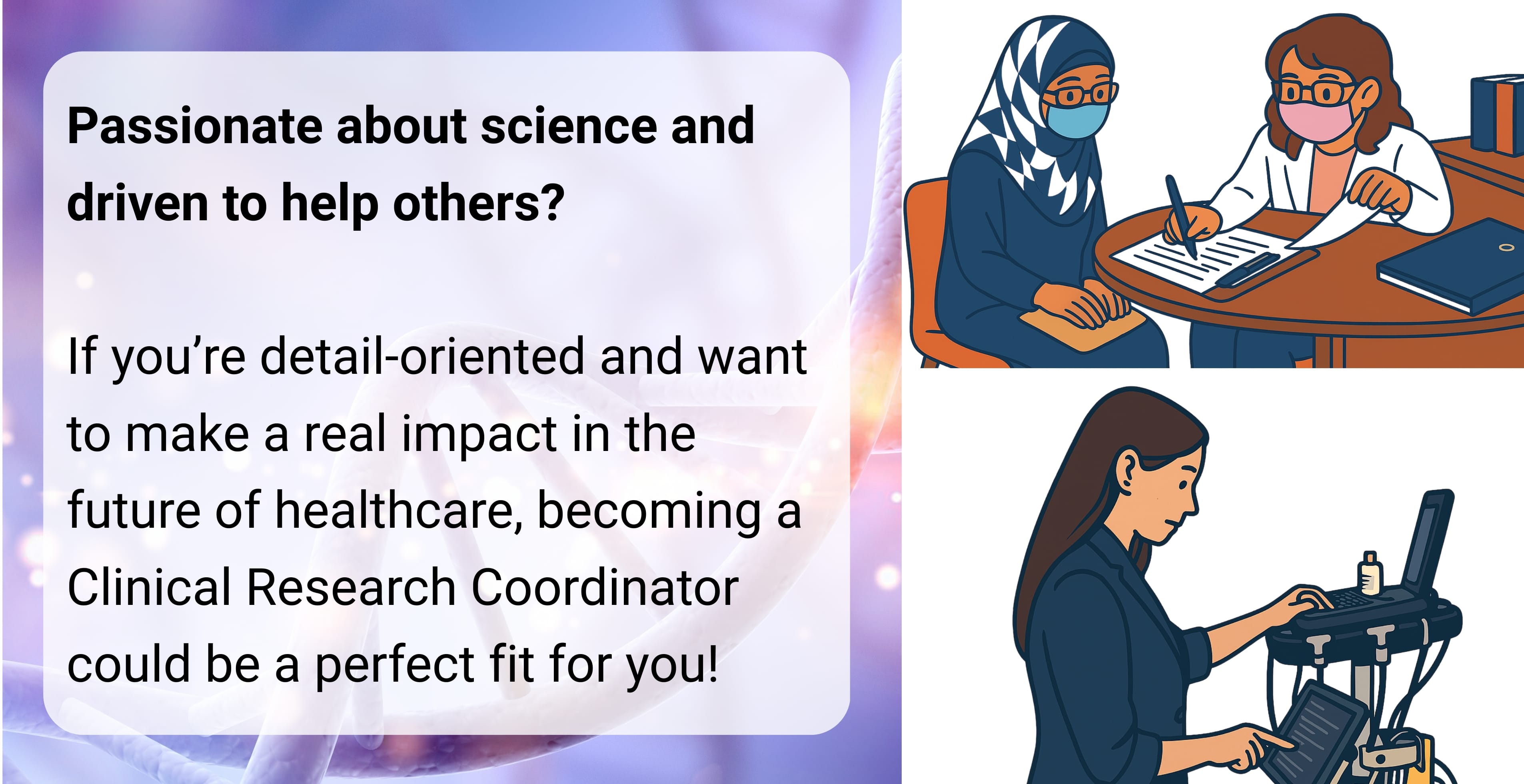 Text about clinical research coordinator; illustrations of masked clinician with patient and researcher using lab equipment.